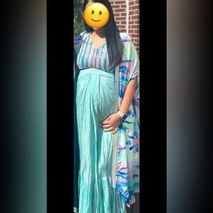 Indian dress - Blue Crepe Printed And Embroidered Abstract Stripe Cape - XXL